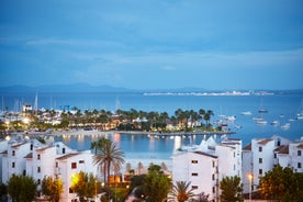 Photo of aerial view of the harbour of Port de Pollença, a seaside village located on the northern coast of Mallorca in the Balearic Islands, Spain.