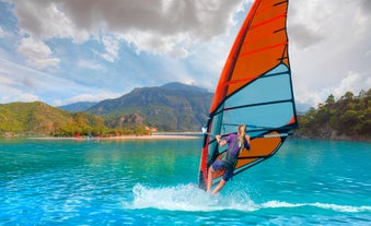 Photo of aerial view of Oludeniz Bay view in Fethiye Town, Turkey.