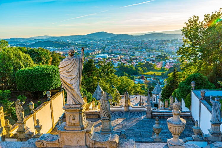 View of the church of Bom Jesus do Monte in Braga famous for sculpture decorated staircase leading to it, Portugal