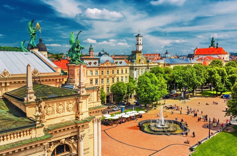 Photo of Lviv scenic city center view, historical center with many sights at sunset, Western Ukraine.