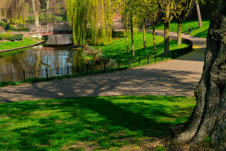 Kronenburgerpark in Nijmegen, The Netherlands. Park with hiking path, water and bridge