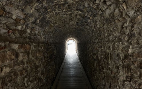 Photo of Walkway through the Punane torn in courtyard of old town , and is  part of the old defensive city wall of Parnu, Estonia.