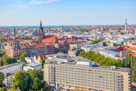 Photo of aerial view of the city ,Rheinturm and Media Harbour district in Dusseldorf city in Germany.