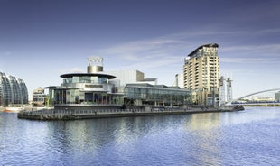 Photo of panoramic aerial view of Salford Quays, Manchester, UK.