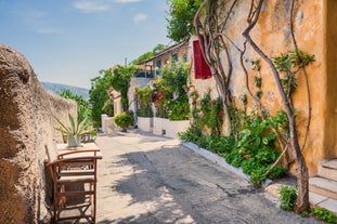 Photo of Heraion in Perachora with small beach, Loutraki, Greece.