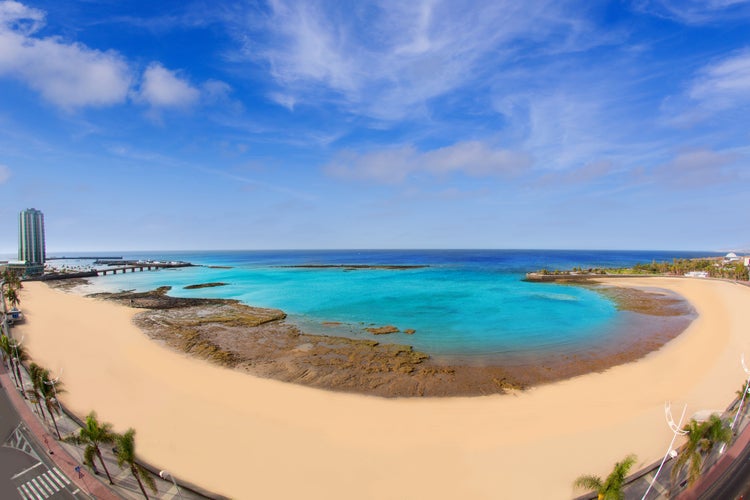 Photo of Arrecife Lanzarote Playa del Reducto beautiful beach aerial view in Canary Islands.