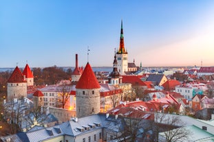 Scenic summer view of the Old Town and sea port harbor in Tallinn, Estonia.