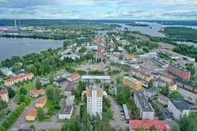 Early autumn morning panorama of the Port of Turku, Finland, with Turku Castle at background.