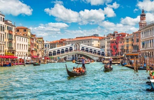 Photo of Aerial view of the white tall apartment buildings of the coast of Chioggia in Italy.