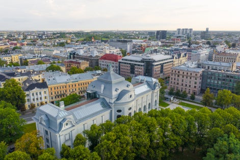 photo of Riga, Latvia – July 18 2019: Aerial view photo from flying drone panoramic on Latvian national museum of art Riga, Latvia.