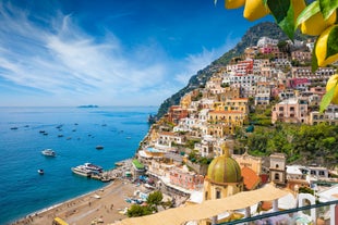 Photo of aerial morning view of Amalfi cityscape on coast line of Mediterranean sea, Italy.