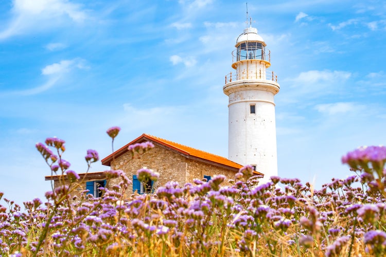 Photo of Paphos lighthouse on the Mediterranean coast.