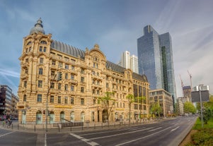 Photo of beautiful aerial view of Frankfurt at sunset Germany financial district skyline.