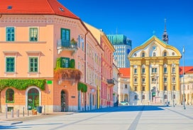 Capital of Slovenia, panoramic view with old town and castle.