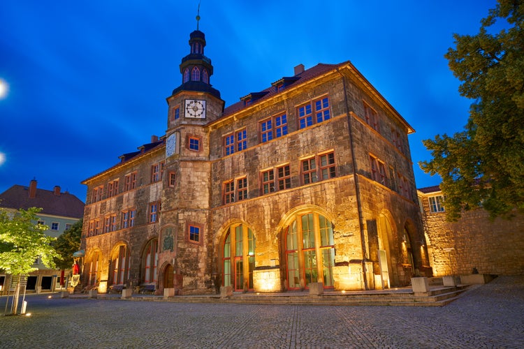 Stadt Nordhausen Rathaus sunset city hall with Roland figure in Thuringia Germany