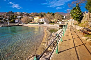 Photo of Ika village waterfront in Opatija riviera, turquoise sea and blue sky, Kvarner, Croatia.