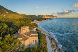 Photo of aerial view of an empty beach in Portonovo in the Ria de Pontevedra, Spain.