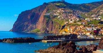 Aerial drone view of Camara de Lobos village, Madeira.