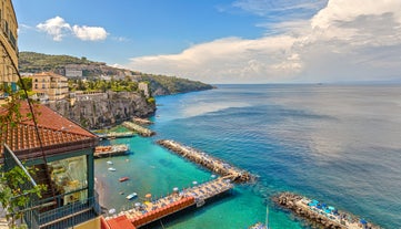 Photo of aerial morning view of Amalfi cityscape on coast line of Mediterranean sea, Italy.