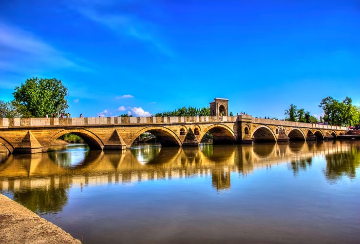 Photo of beautiful bridge above Meric River in Edirne, Turkey.