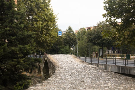 Photo of The Tanners' bridge, or Tabak bridge, a ottoman stone arch bridge built in the 18th century. It is located in Tirana's modern center, Albania.