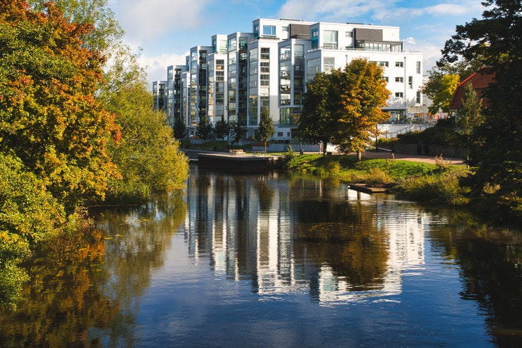 photo of view of Beautiful autumn colors in central part of Angelholm, Sweden.