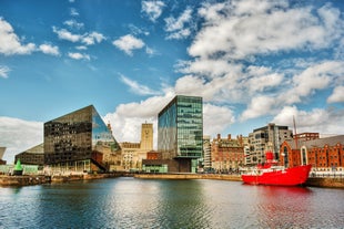 Photo of panoramic aerial view of Salford Quays, Manchester, UK.