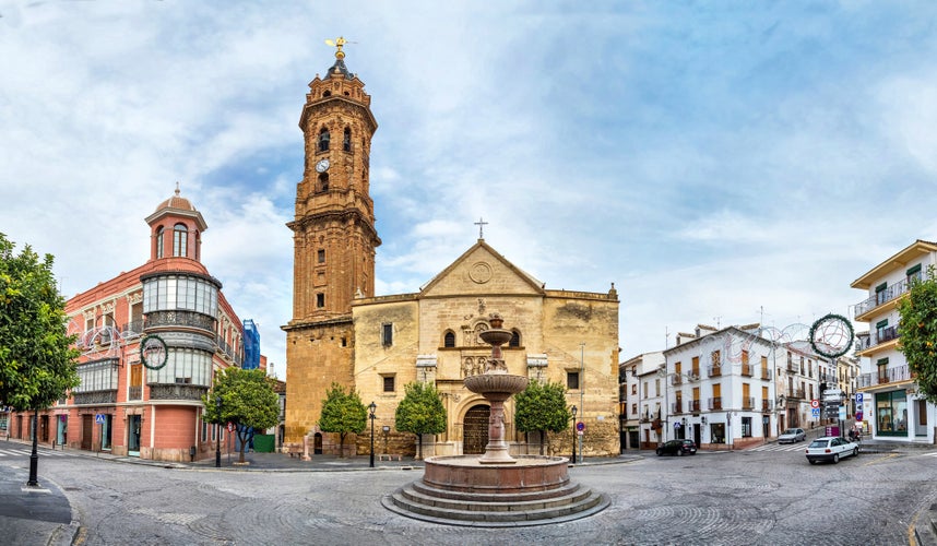 Photo of panorama of San Sebastian square with Iglesia de San Sebastian in Antequera, Malaga province, Spain.