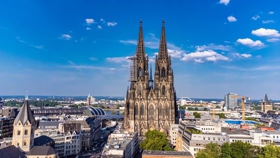Photo of aerial view of Cologne Cathedral, a Roman Catholic Gothic cathedral in Cologne, Germany.