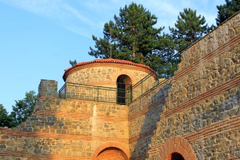 photo of  view of Old fortress tower and a part of ruined wall in Hisarlaka fortress in Kyustendil, Bulgaria,Kyustendil bulgaria.