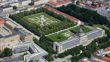 Aerial view on Marienplatz town hall and Frauenkirche in Munich, Germany.