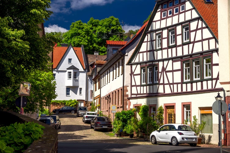 Photo of quiet and deserted street of a small German city. Gelnhausen. Hessen, Germany.