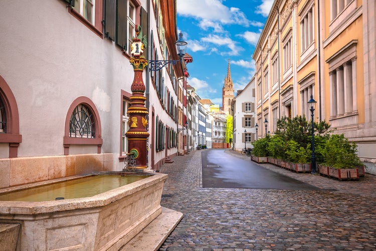 Photo of Basel historic upper town alley architecture view, Northwestern Switzerland.