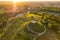 Aerial summer view of the Krakus Mound with amazing sunset view of the historical part of Krakow old town, Poland. Popular place to watch sunset in Cracow.