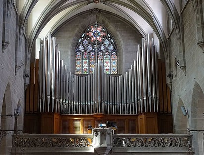 photo of inside the Fraumünster Church. the organ at Fraumünster in Zurich, Switzerland.