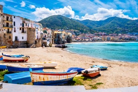 Photo of view of Cefalu and Promontorio de Torre Caldura seen from Norman Castle, La Rocca park, Italy.