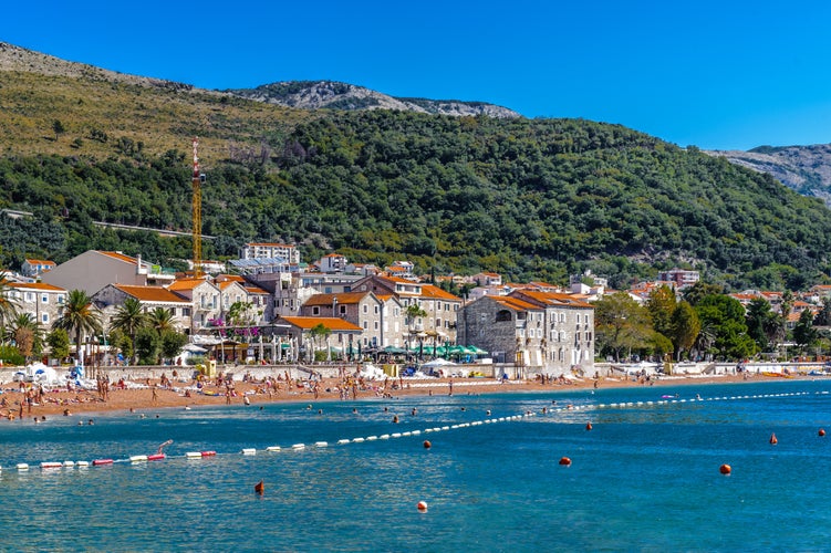 Petrovac beach, a coastal town in Montenegro, within the Budva municipality. Calm resort