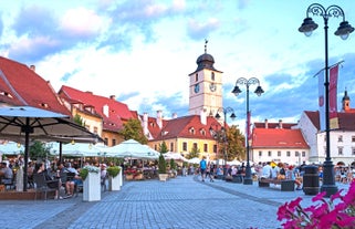 Photo of the Small Square piata mica, the second fortified square in the medieval Upper town of Sibiu city, Romania.