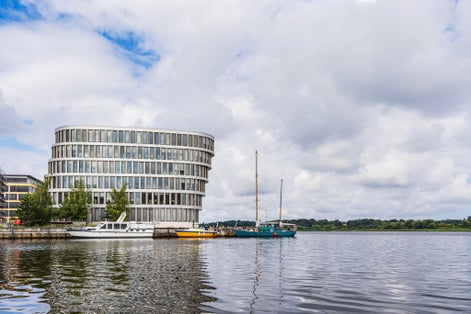photo of over the river Warnow to the Hanseatic City of Rostock, Germany.