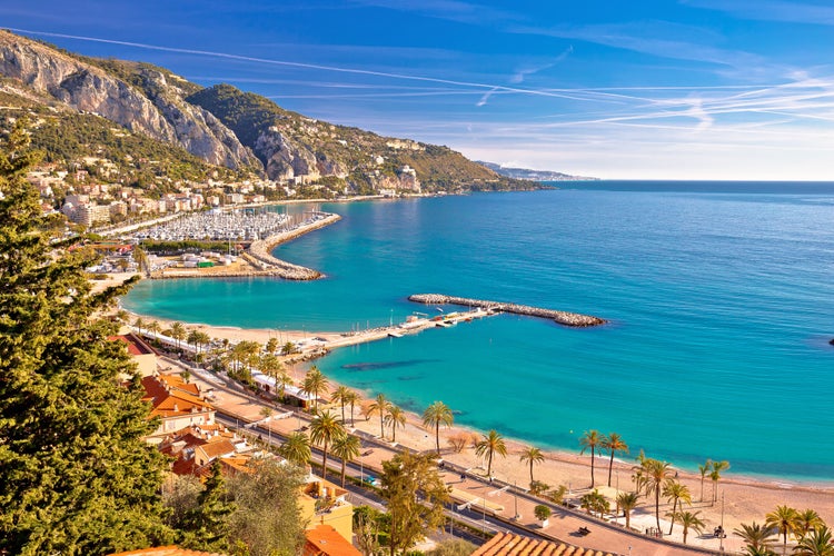 Town of Menton bay and French Italian border on Mediterranean coast view, southern France and Italy