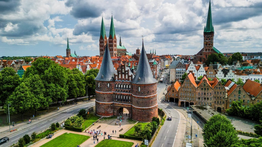 photo of view  of  Aerial view of the Holsten gate on the western edge of Lubeck north Germany