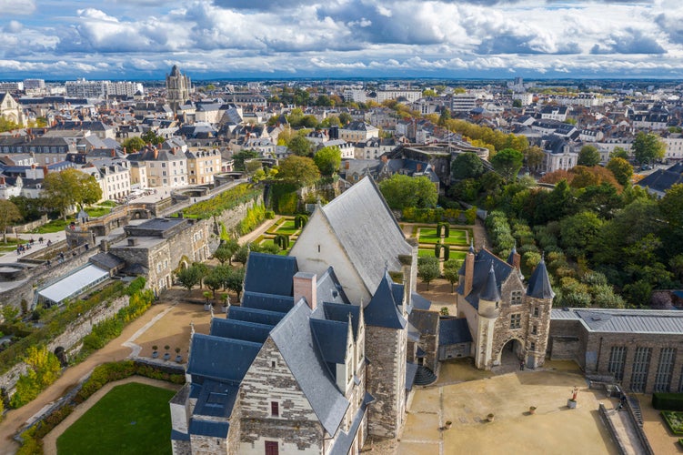 Photo of Aerial panoramic view of the famous Angers castle (Château d'Angers) 13th century, cathedral, and medieval quarters in the Loire Valley, Western France.