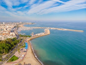 photo of aerial panorama view of the coastline Cambrils, Costa Dourada, Catalonia, Spain.