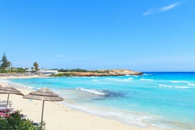 Photo of panoramic aerial view of Kalamis beach and bay in the city of Protaras, Cyprus.