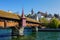 photo of part of the ancient Spreuer Bridge (Spreuerbrücke) over the river Reuss in the historical town center of Lucerne, the famous city in Central Switzerland.