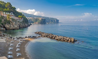 Photo of aerial morning view of Amalfi cityscape on coast line of Mediterranean sea, Italy.