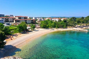 Photo of aerial view of Historic Adriatic town of Krk aerial view, Island of Krk, Kvarner bay of Croatia.