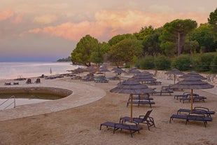 Photo of aerial view to the town of Porec in Istria, Croatia on Adriatic coast.