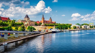 Photo of the old and new architecture in Wolin at the river Dziwna, Poland.