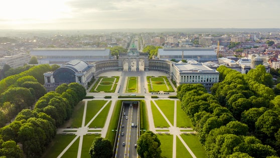Photo of aerial view of Parc du Cinquantenaire with the triumphal arch. Brussels, Belgium.